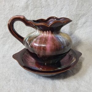 Vintage RedWare Brown Multicolor Drip Glaze Small Pitcher & Bowl